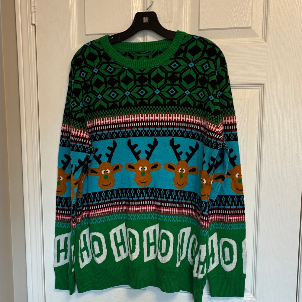 UGLY CHRISTMAS Festive Green and Blue Reindeer Sweater SIZE XXL